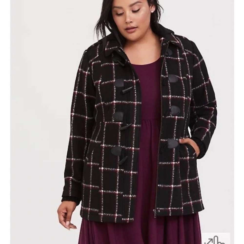 TORRID BLACK & RED PLAID WOOLEN TOGGLE COAT WITH HOOD